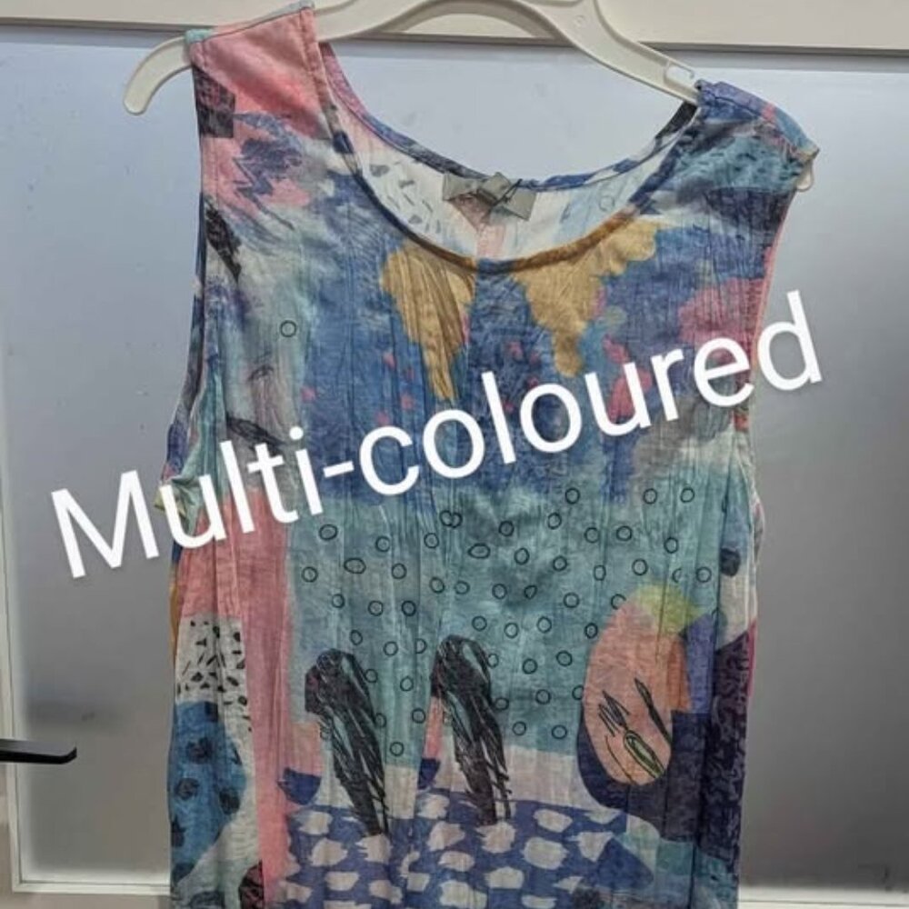 New Summer dress by KLEIO in a multi-coloured fun pattern. Many sizes.